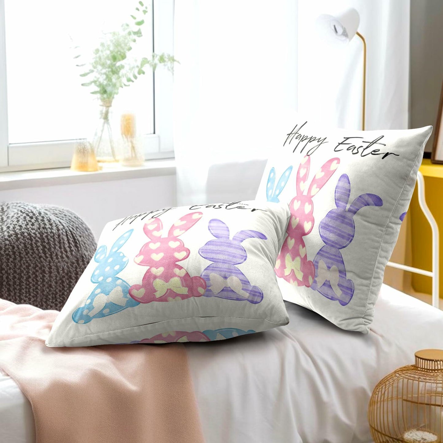 Happy Easter Throw Pillow Covers Set of 2 18x18 Cotton Colorful Bunny