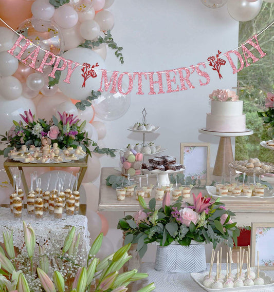 Happy Mother's Day Banner Best Mom Ever Flower Theme Pink & Red Glitter