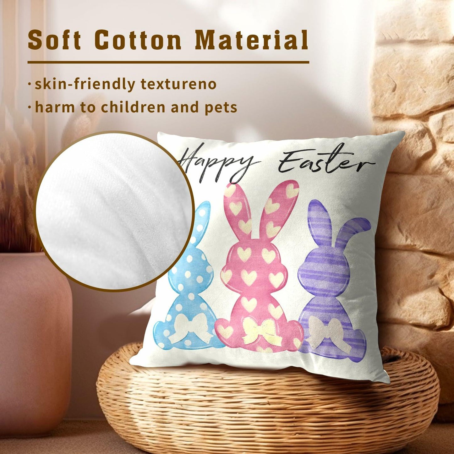 Happy Easter Throw Pillow Covers Set of 2 18x18 Cotton Colorful Bunny