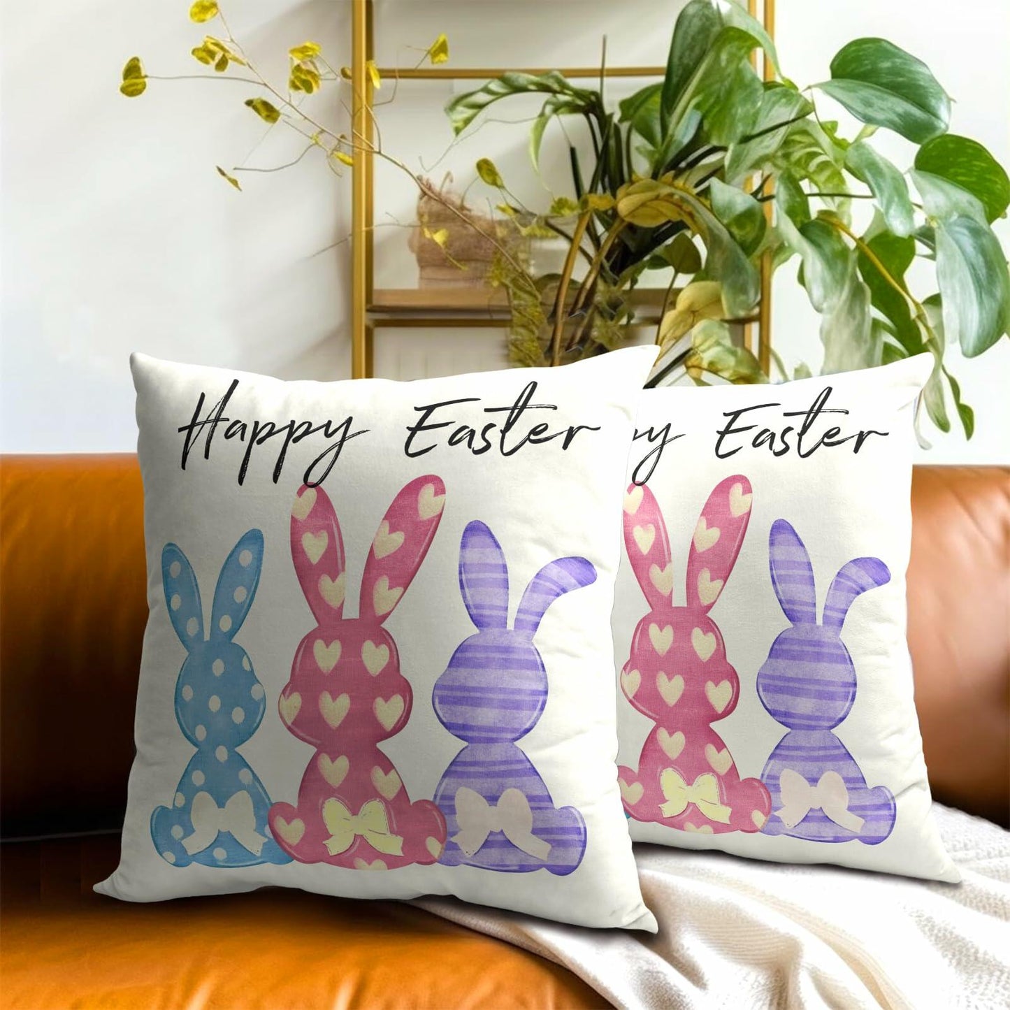 Happy Easter Throw Pillow Covers Set of 2 18x18 Cotton Colorful Bunny
