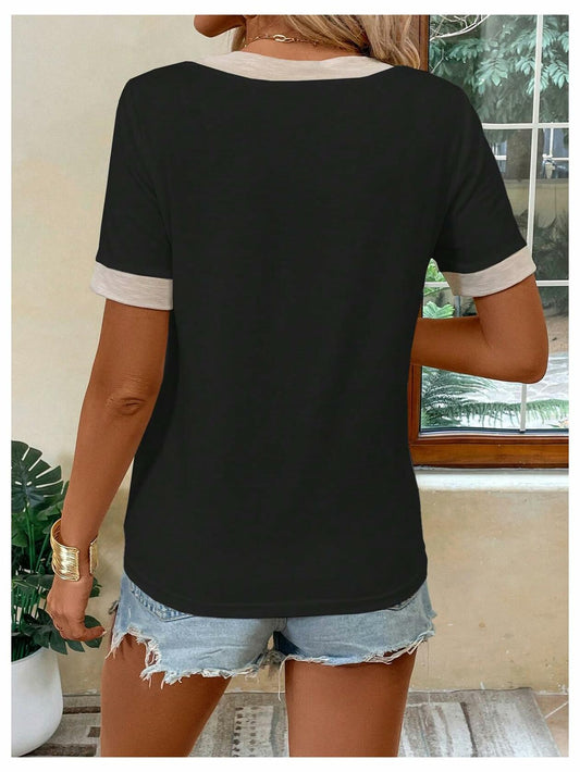 Verdusa Women's Contrast Binding V Neck Short Sleeve Colorblock Tee Black Size S