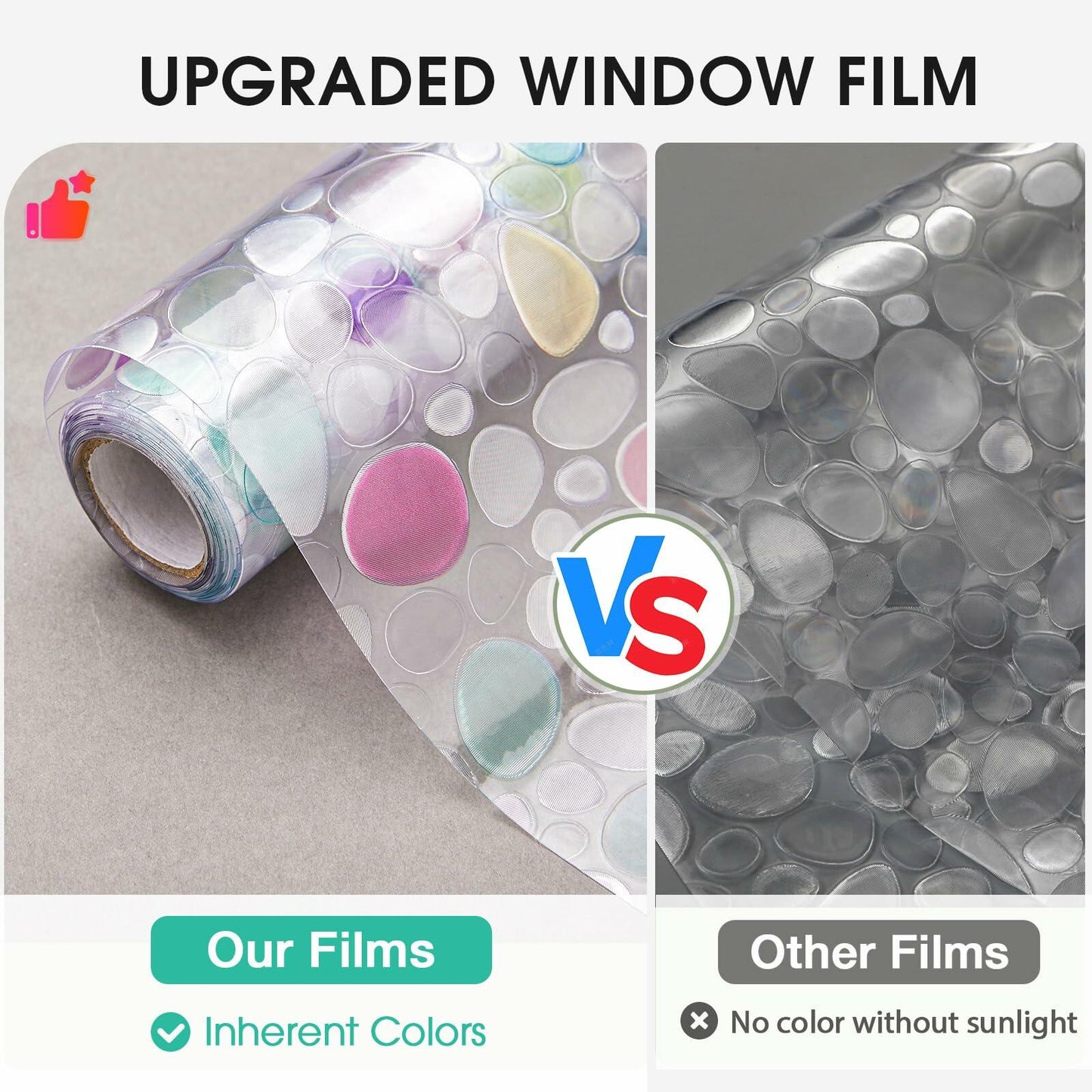 Viseeko 3D Pebble Stained Glass Privacy Film Rainbow 11.8x118in UV Protection