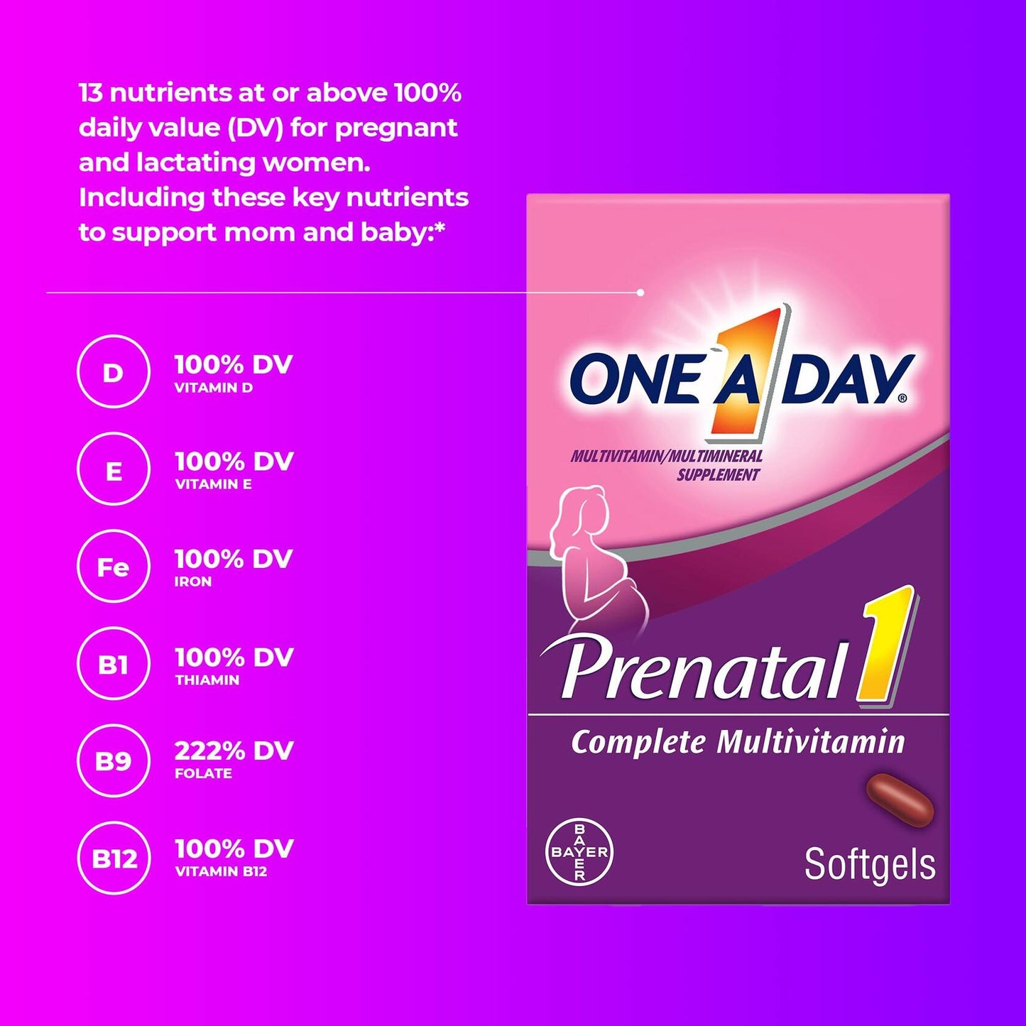 BestBy12/25 ONE A DAY Women's Prenatal Multivitamin 30 Ct Vitamins A,C,D,B6,B12