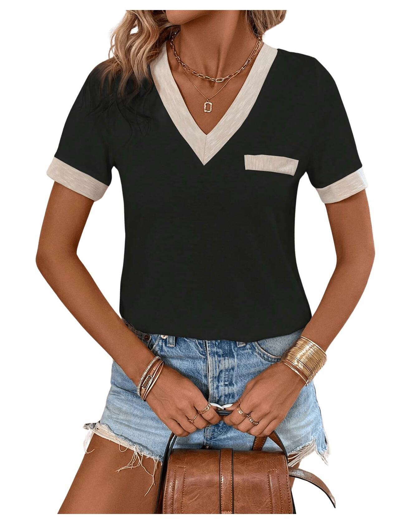 Verdusa Women's Contrast Binding V Neck Short Sleeve Colorblock Tee Black Size S