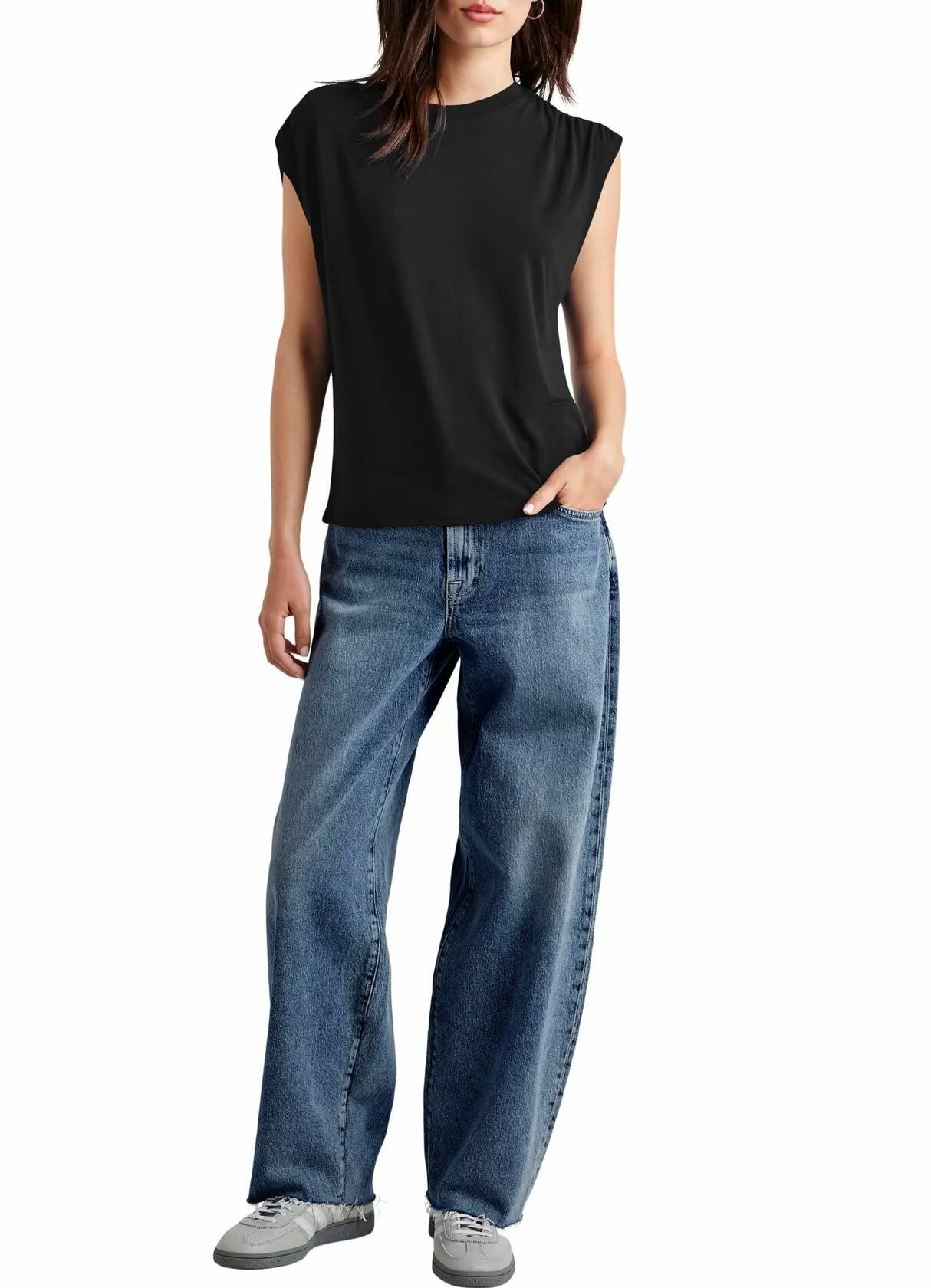 LHIRLE Womens Summer Shoulder Pleats Cap Sleeve T Shirt Black Size S