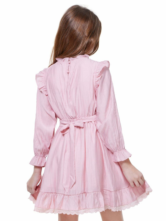 WULFUL Girls Long Sleeve Flared Belted A-line Dress Pink Size 9-10