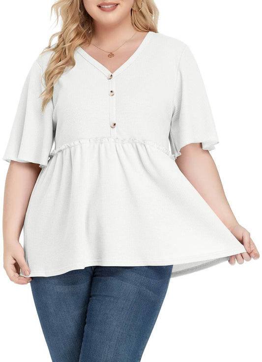 POSESHE Women's Plus Size V Neck Ruffle Button Up Blouse White Size L