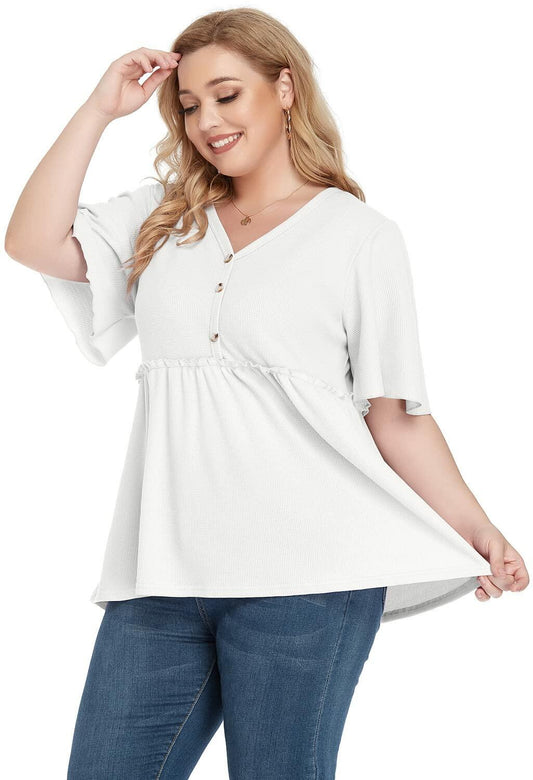 POSESHE Women's Plus Size V Neck Ruffle Button Up Blouse White Size L