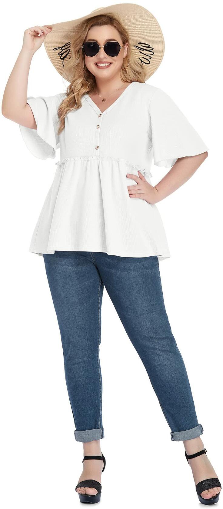 POSESHE Women's Plus Size V Neck Ruffle Button Up Blouse White Size L