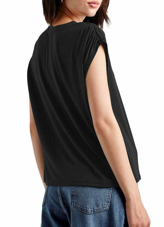LHIRLE Womens Summer Shoulder Pleats Cap Sleeve T Shirt Black Size S