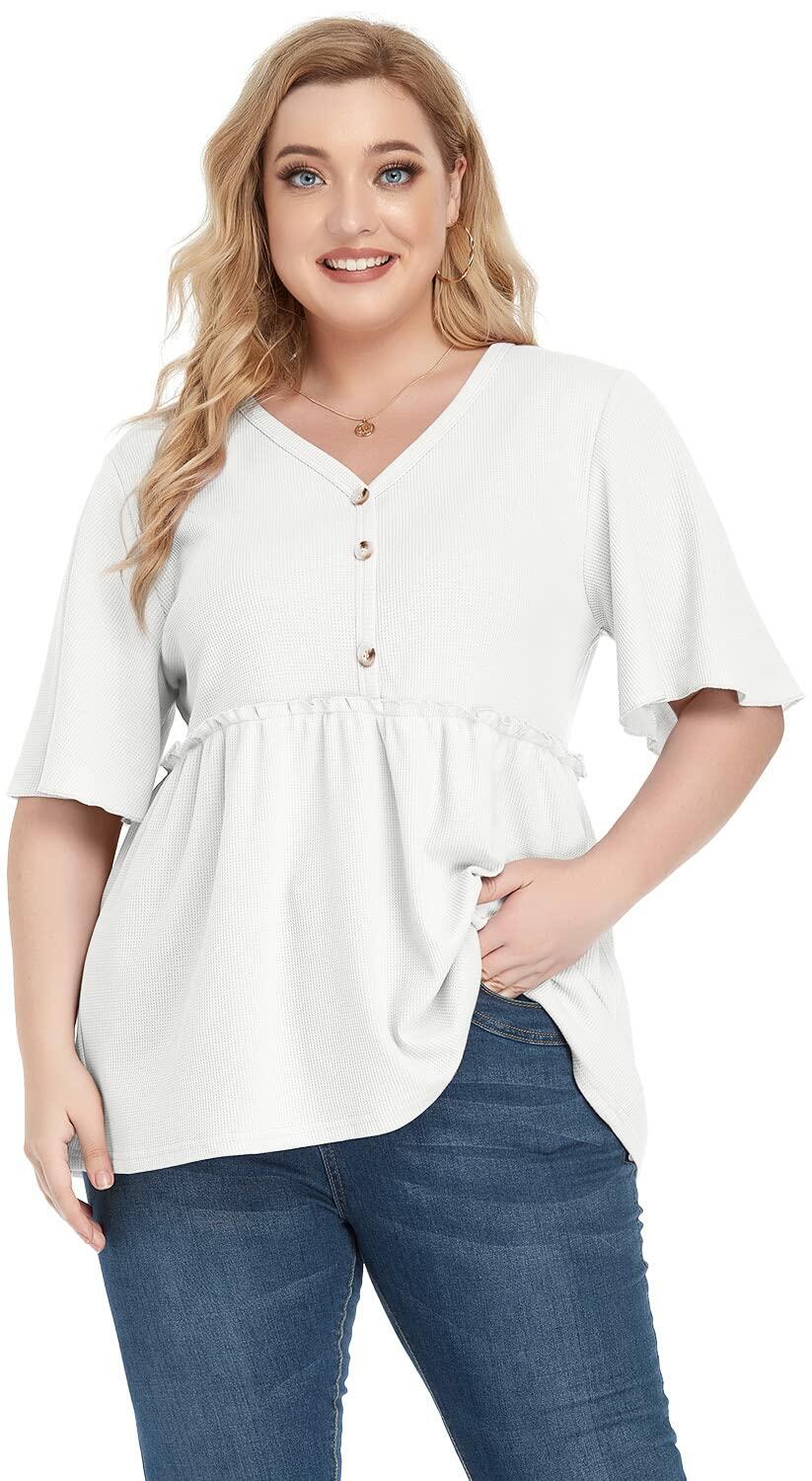 POSESHE Women's Plus Size V Neck Ruffle Button Up Blouse White Size L