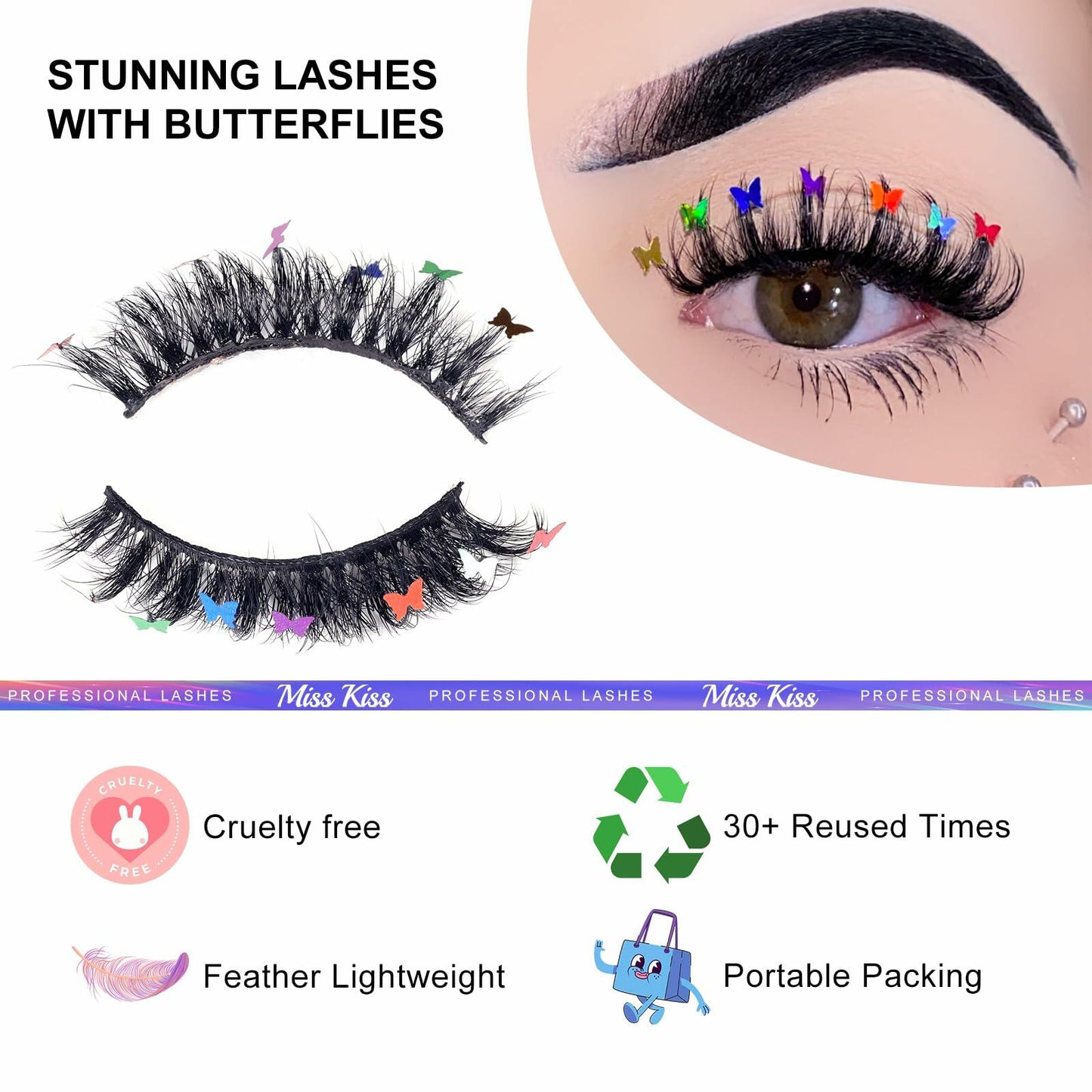 Miss Kiss Butterfly Russian Curl False Eyelashes 14MM Black 2 Pairs + 2 Brushes