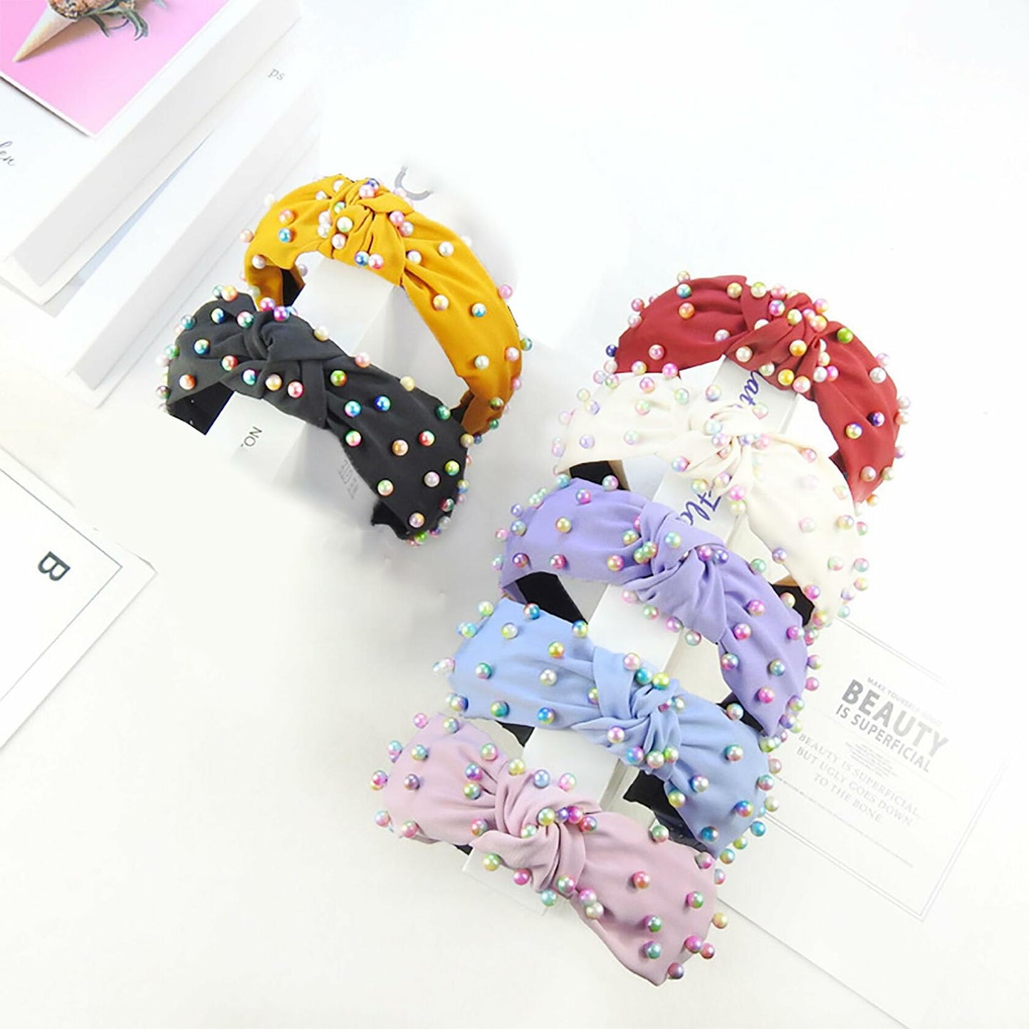 SMYAXUNW Colorful Pearl Knotted Hairband Gemstone Imitation Pearl Twist