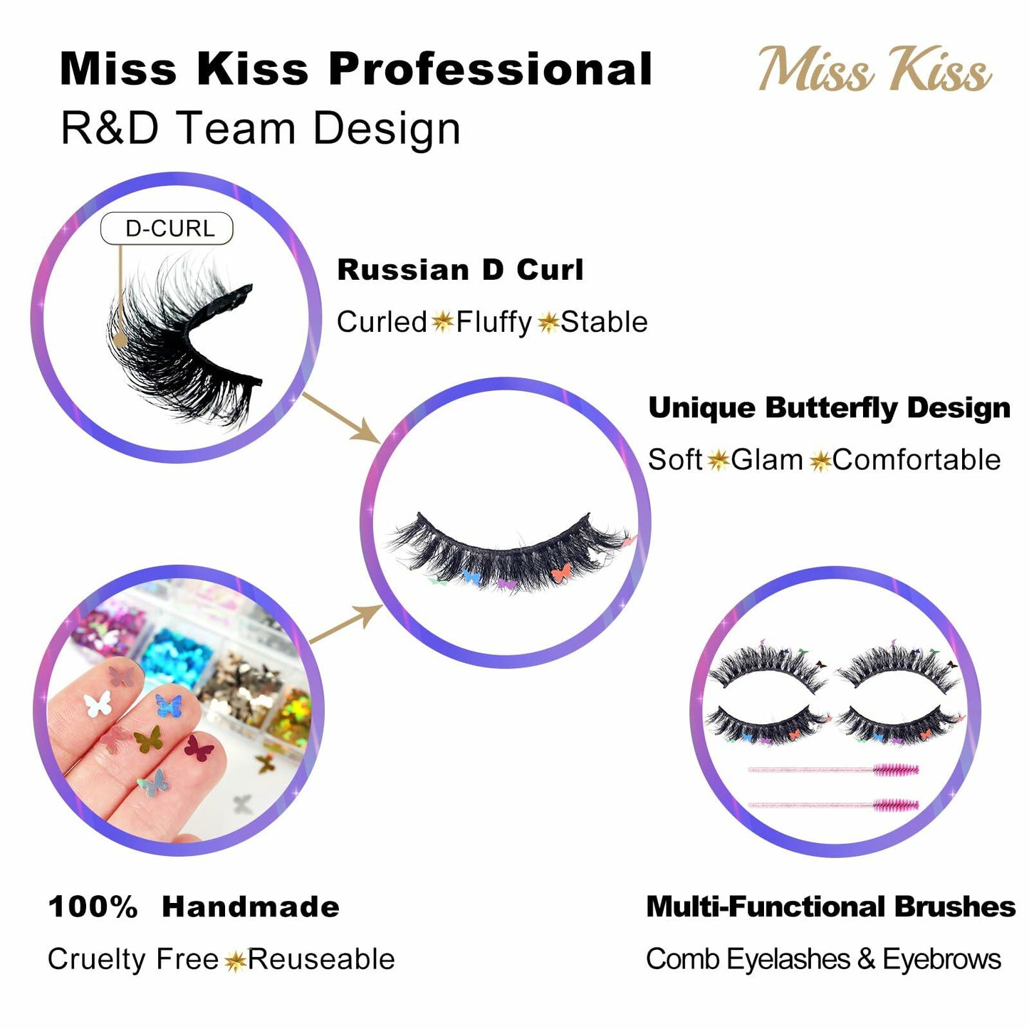 Miss Kiss Butterfly Russian Curl False Eyelashes 14MM Black 2 Pairs + 2 Brushes