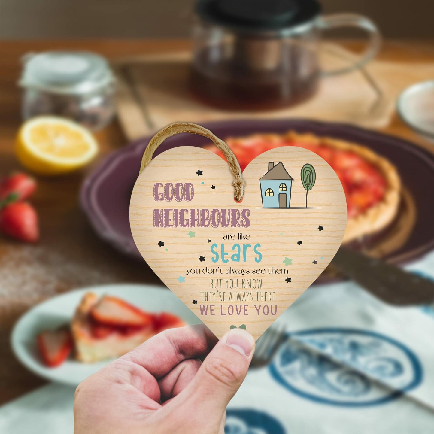 Wooden Antique Hanging Heart Plaque Sign Good Neighbors Quote