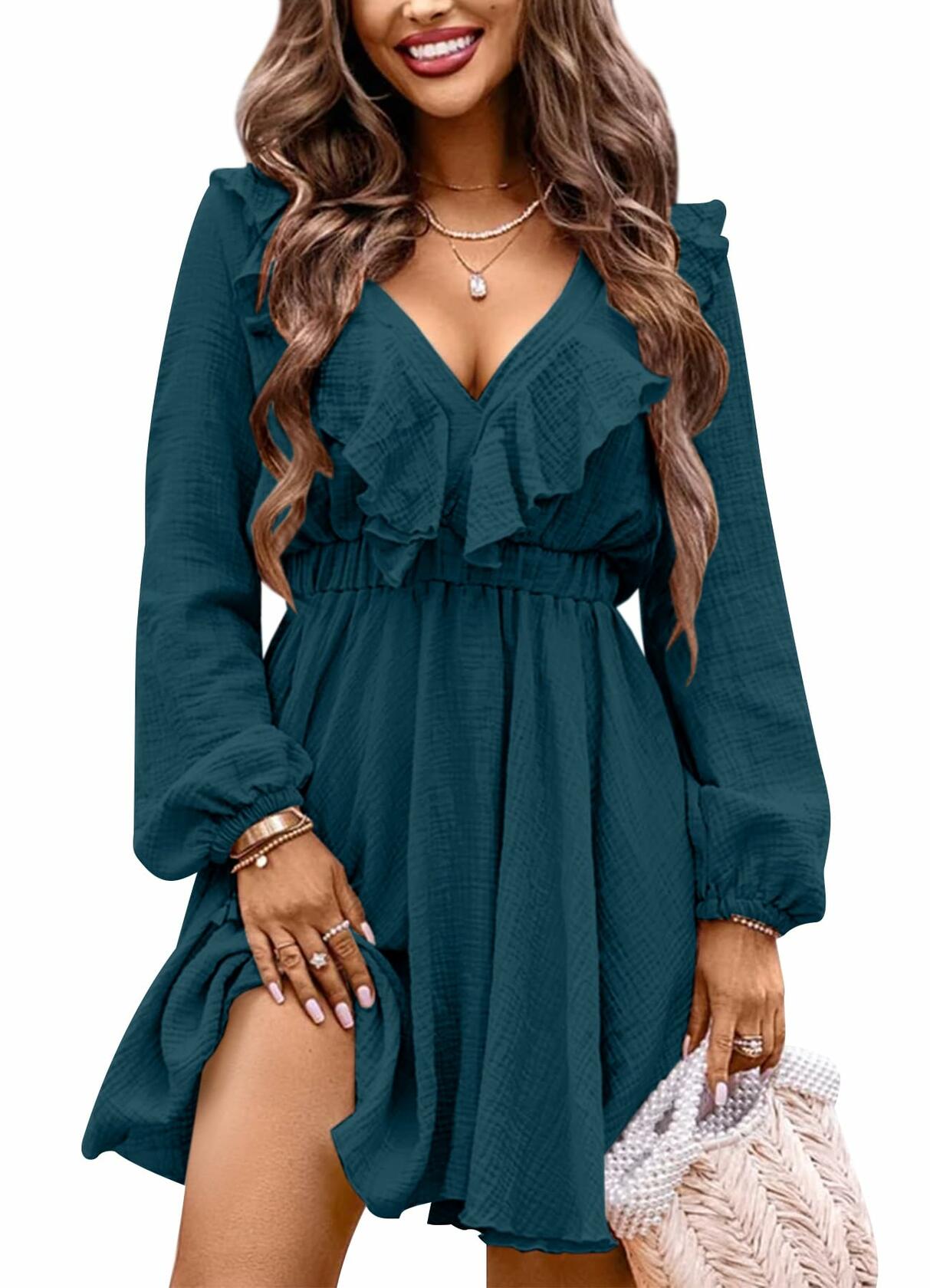 Women's Fall A-Line Long Sleeve Casual Skater Babydoll Mini Dress Royal Size XL