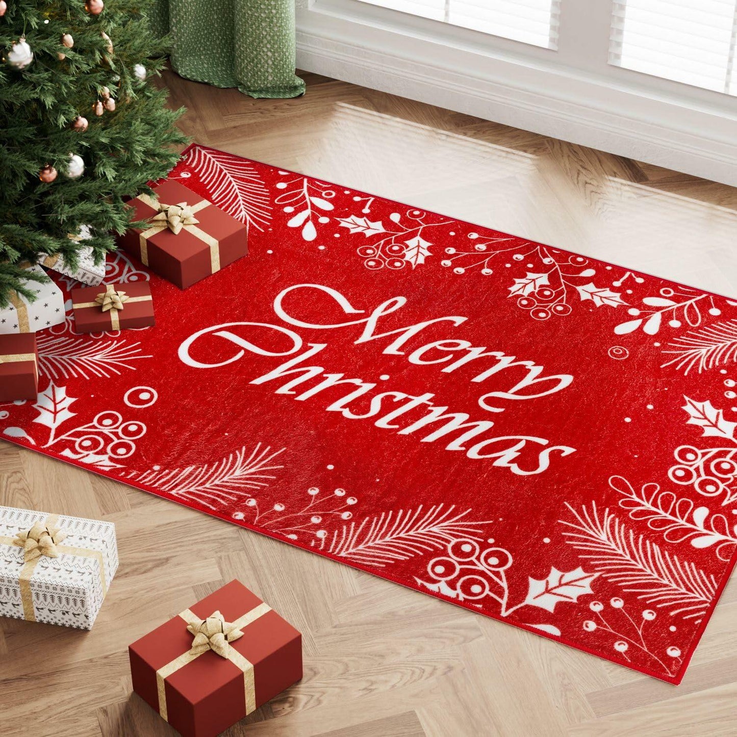 HUGEAR Christmas Area Rug 2x3 Red/White Non-Slip Low Pile Xmas Decor