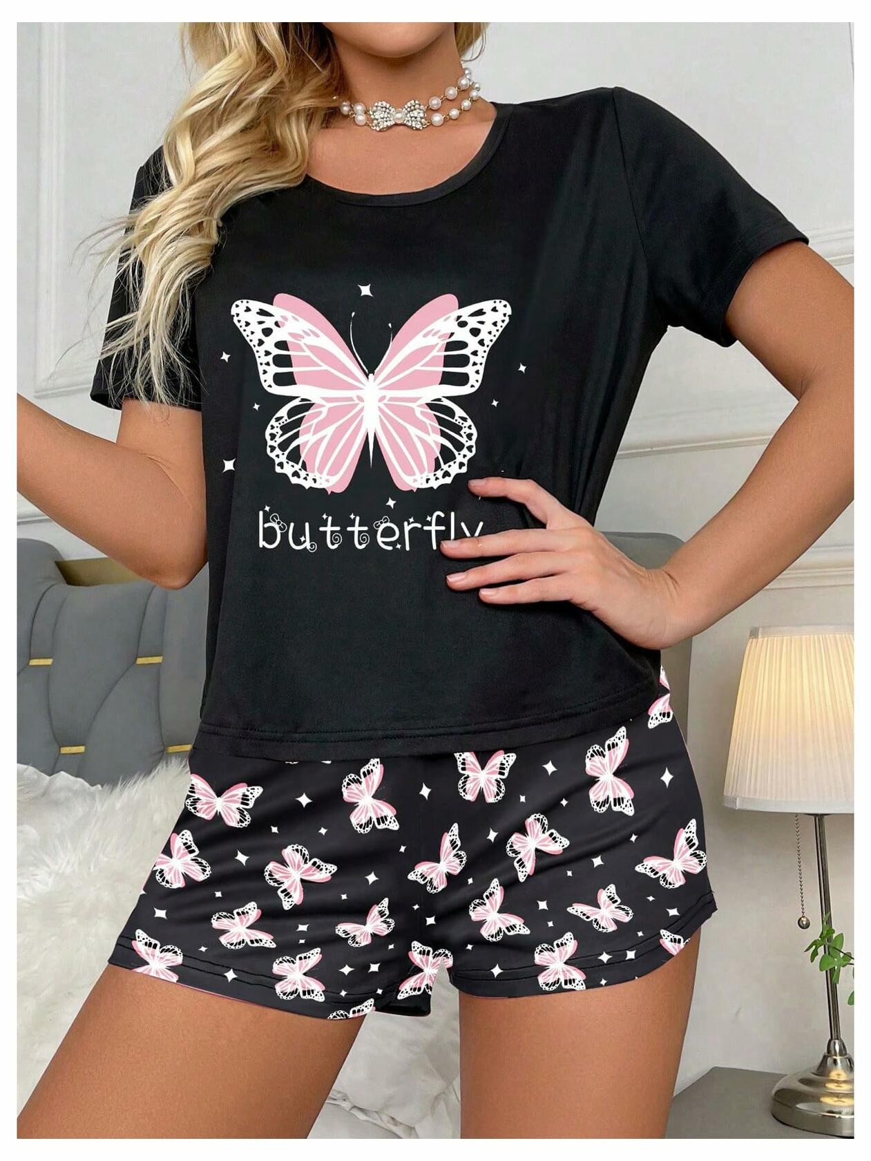 Women's Pajama Set Butterfly Graphic Short Sleeve Tee & Shorts Black Size S