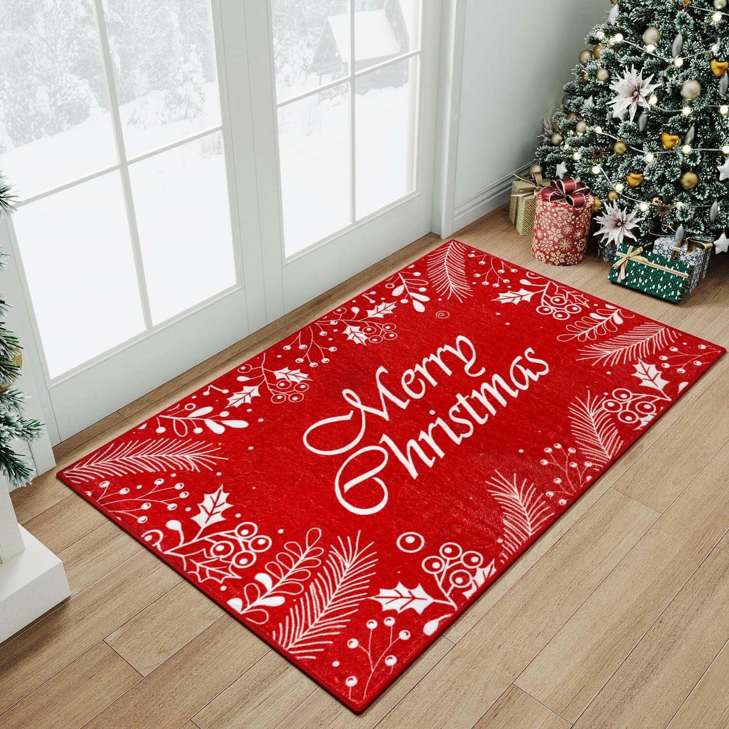 HUGEAR Christmas Area Rug 2x3 Red/White Non-Slip Low Pile Xmas Decor