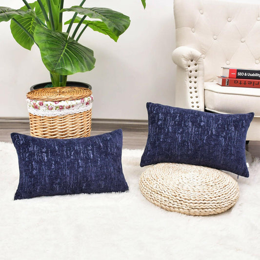 CaliTime Marbling Jacquard Chenille Throw Pillow Cases 12x20 Navy Blue 2 Pack
