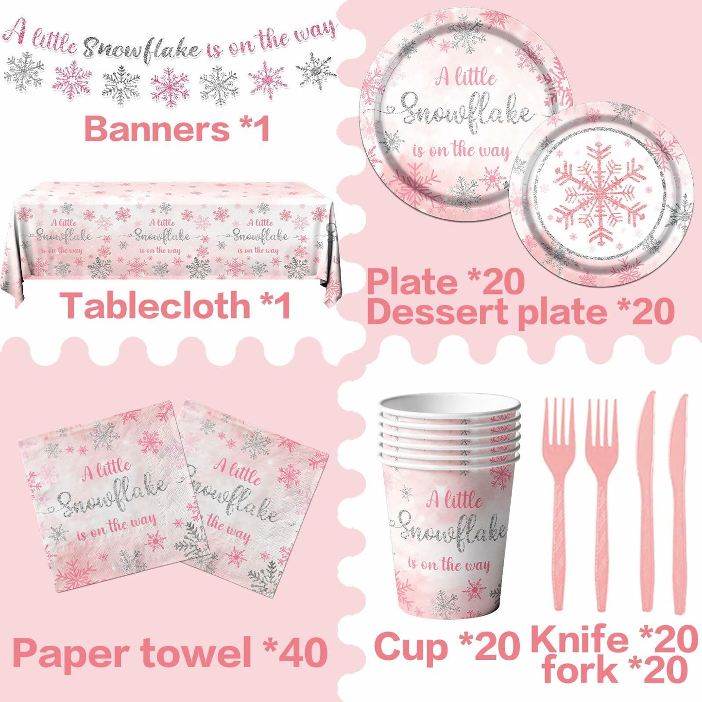 Winter Snowflake Plates & Napkins Pink Baby Shower 20pcs Winter Wonderland