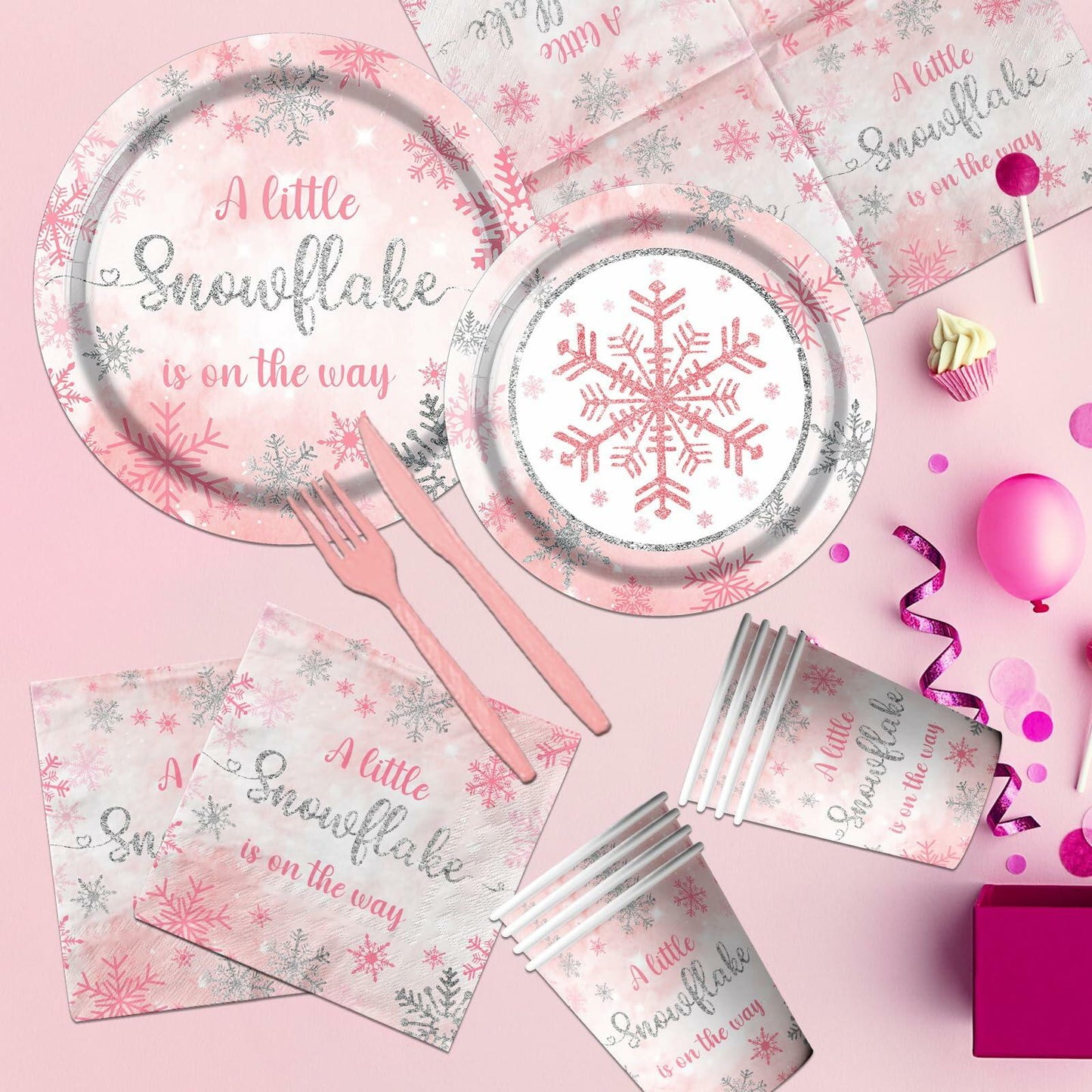 Winter Snowflake Plates & Napkins Pink Baby Shower 20pcs Winter Wonderland