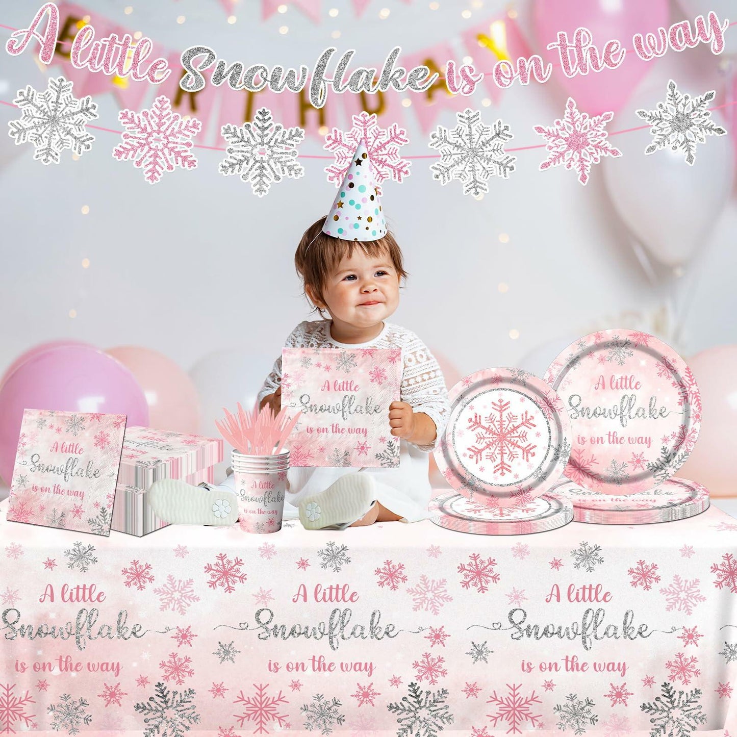 Winter Snowflake Plates & Napkins Pink Baby Shower 20pcs Winter Wonderland