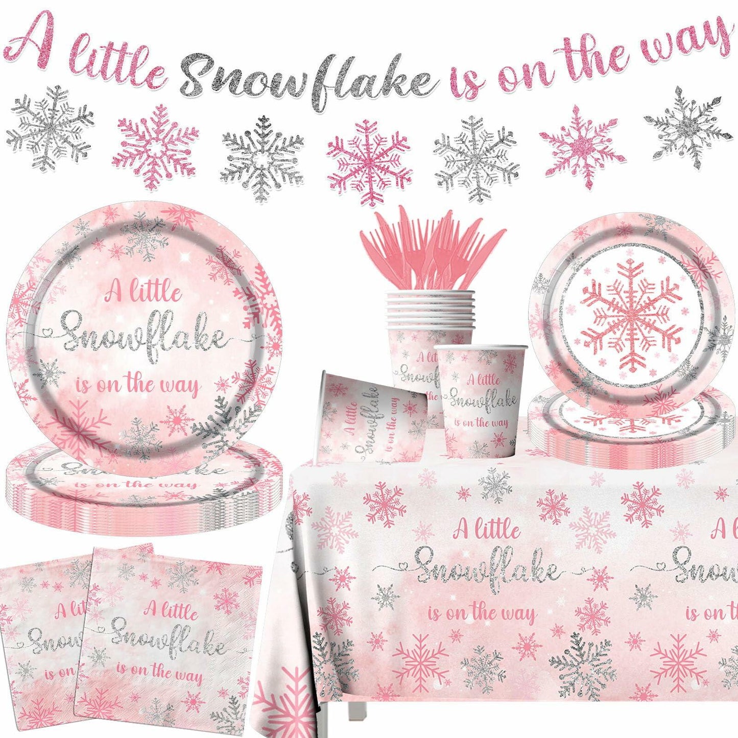 Winter Snowflake Plates & Napkins Pink Baby Shower 20pcs Winter Wonderland