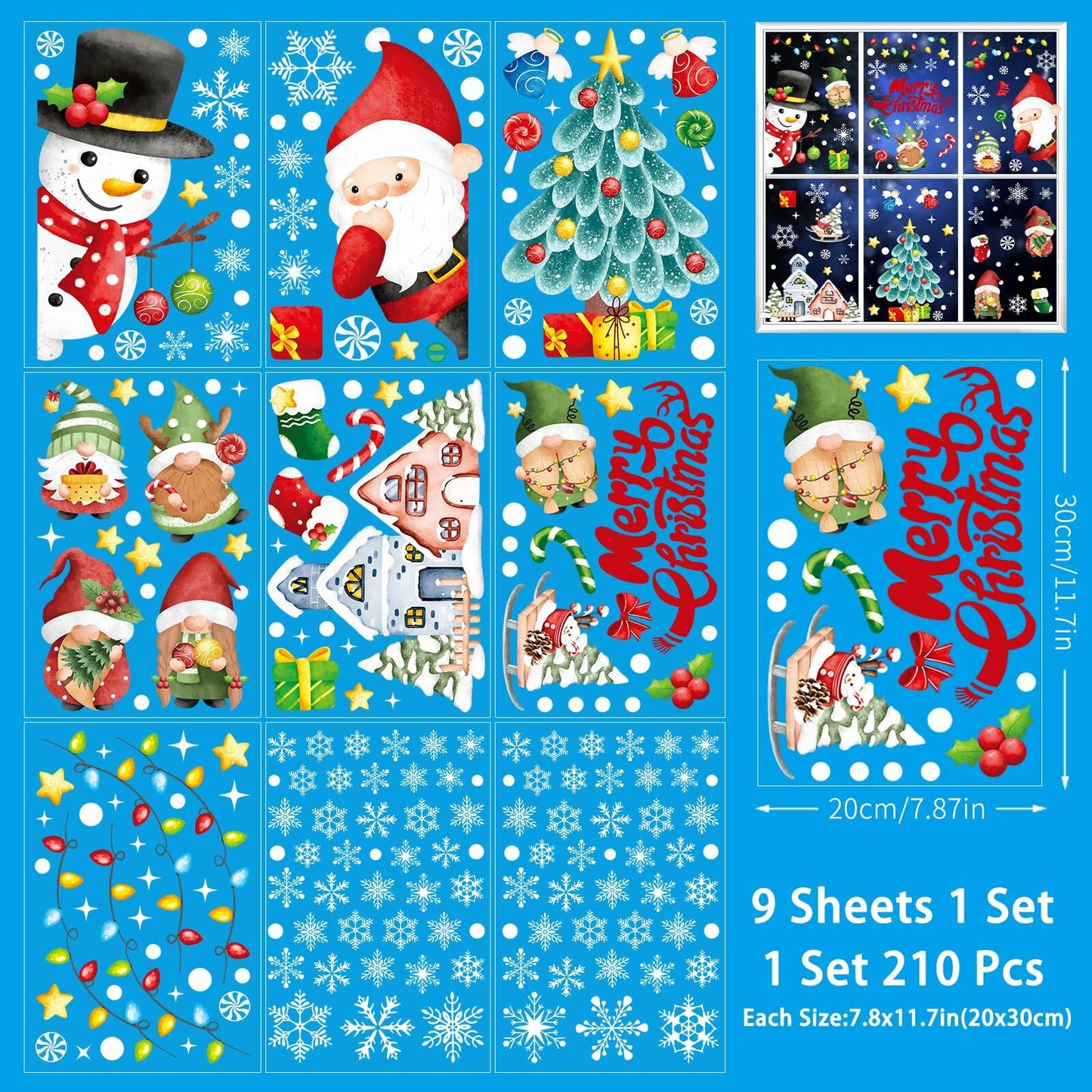210Pcs Double-Sided Christmas Window Clings Stickers for Glass - 9 Sheets