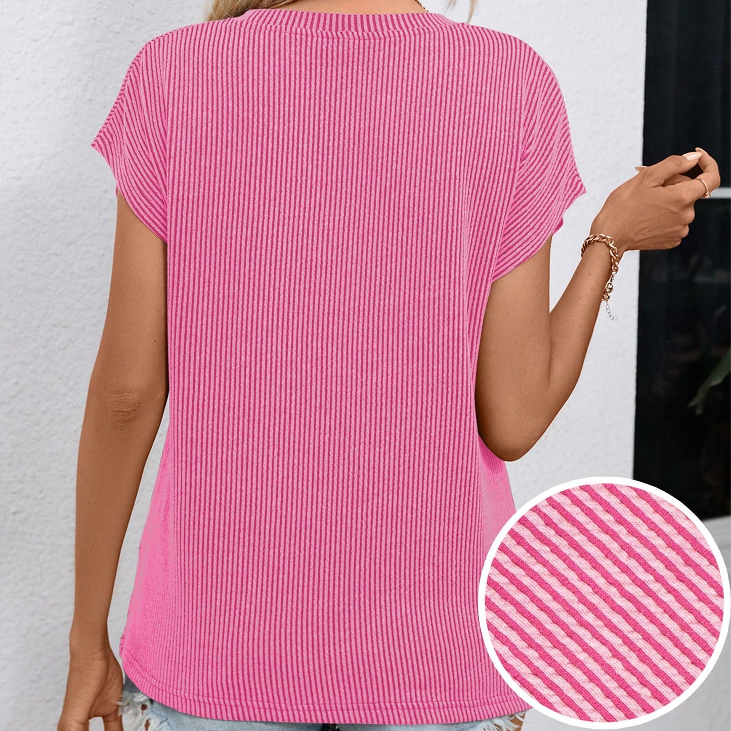 levaca Ribbed Cap Sleeve T Shirt with Front Pocket Blue Size S