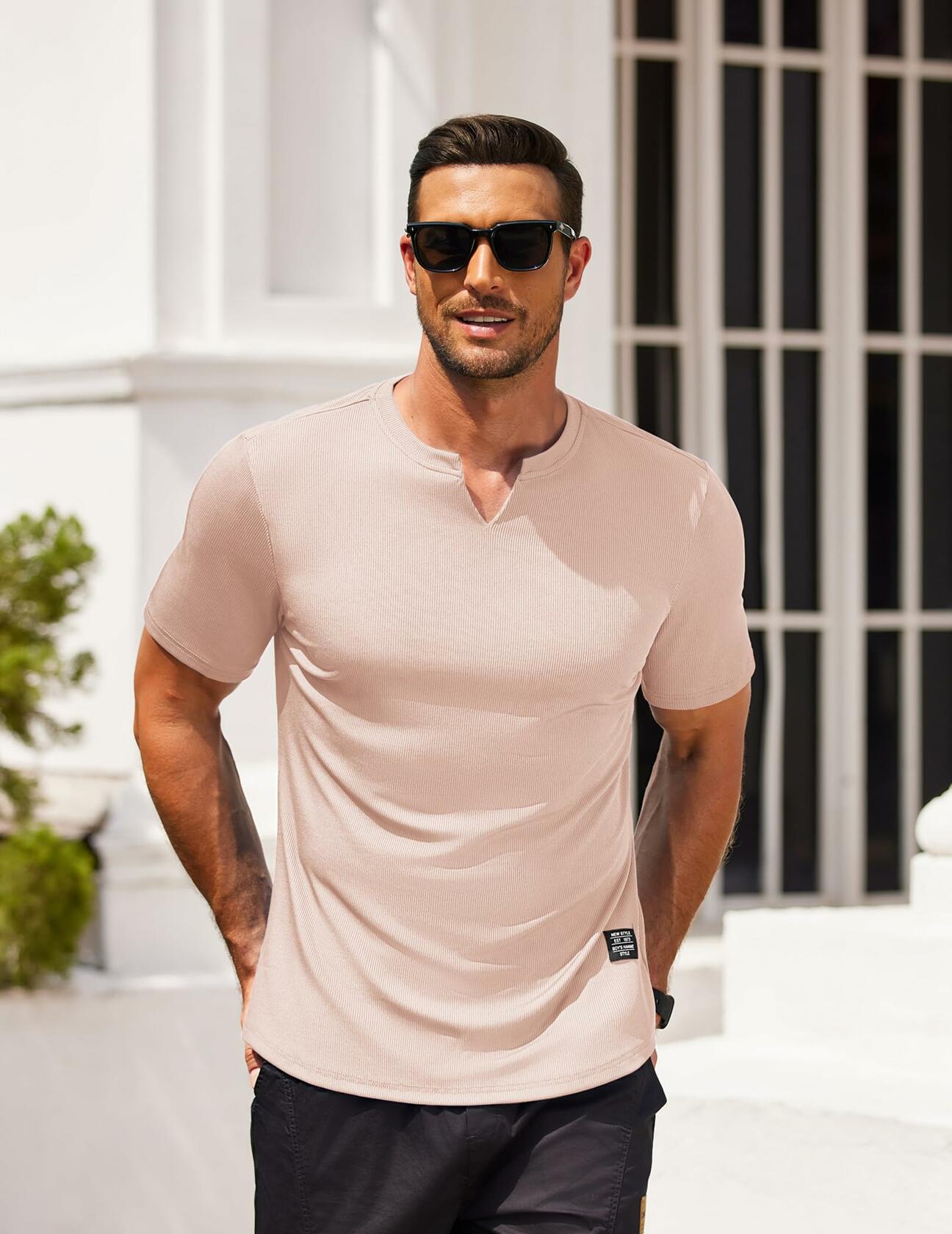 COOFANDY Mens Muscle Slim Fit Gym Shirt Short Sleeve Beige Size XL