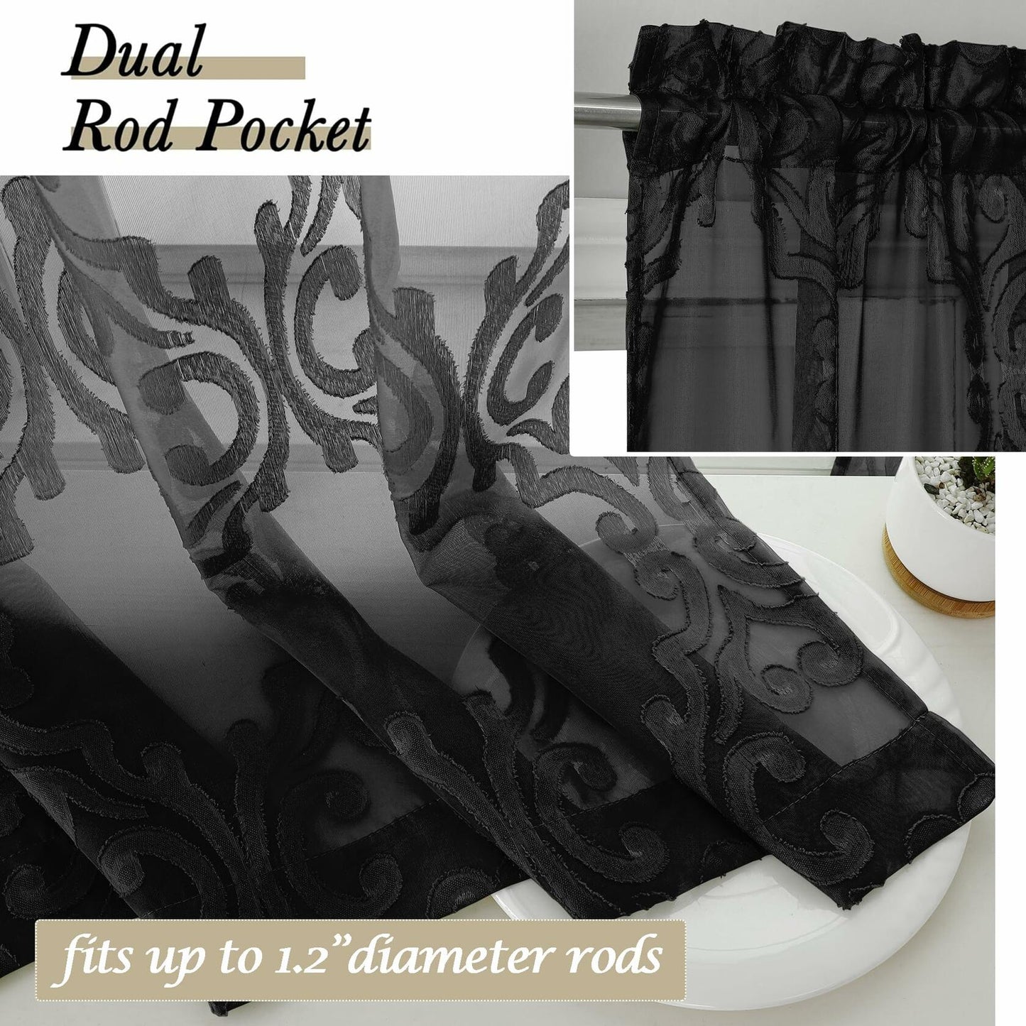 Aiyufeng Suri Sheer Curtains 2 Panels Black 42x45 Inch