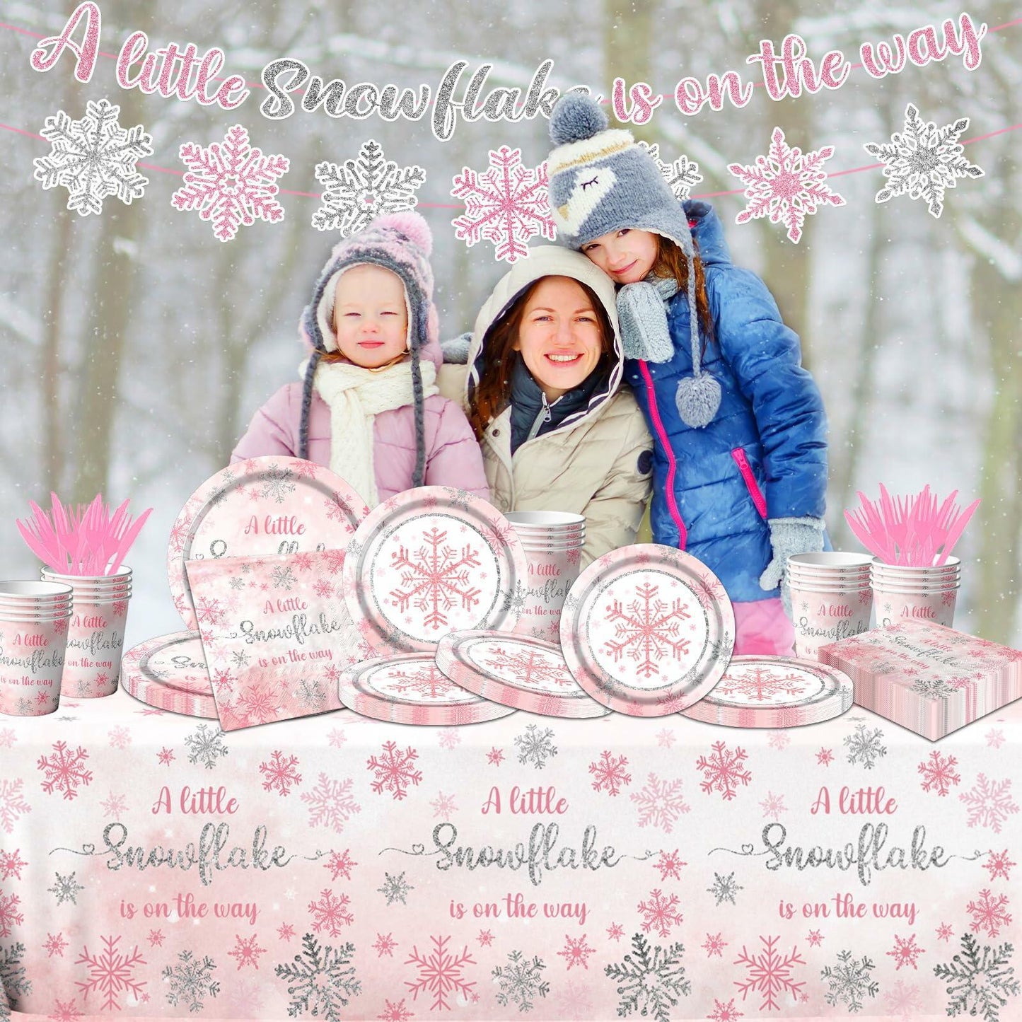 Winter Snowflake Plates & Napkins Pink Baby Shower 20pcs Winter Wonderland