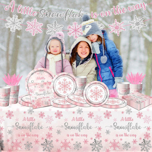 Winter Snowflake Plates & Napkins Pink Baby Shower 20pcs Winter Wonderland