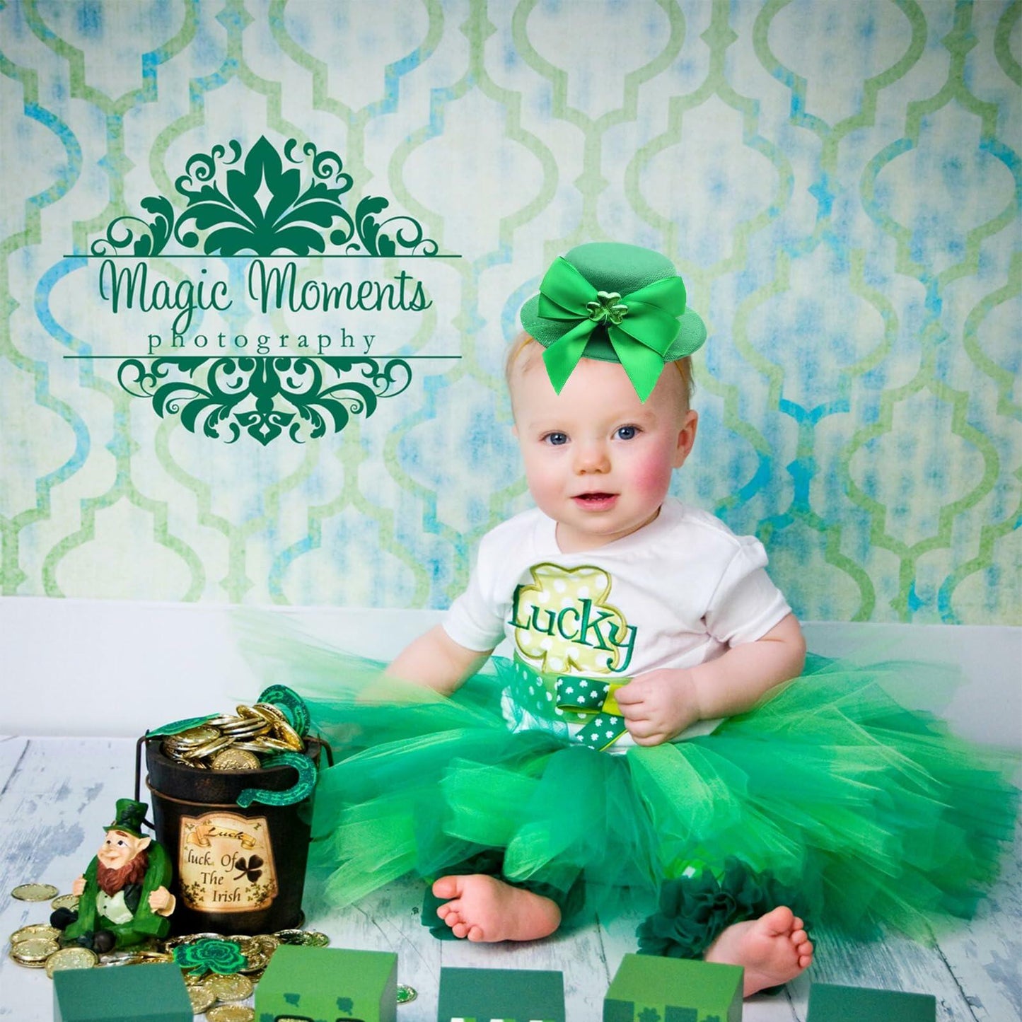 St. Patrick’s Day Leprechaun Top Hat Hair Bow Clips Green Clover Shamrock