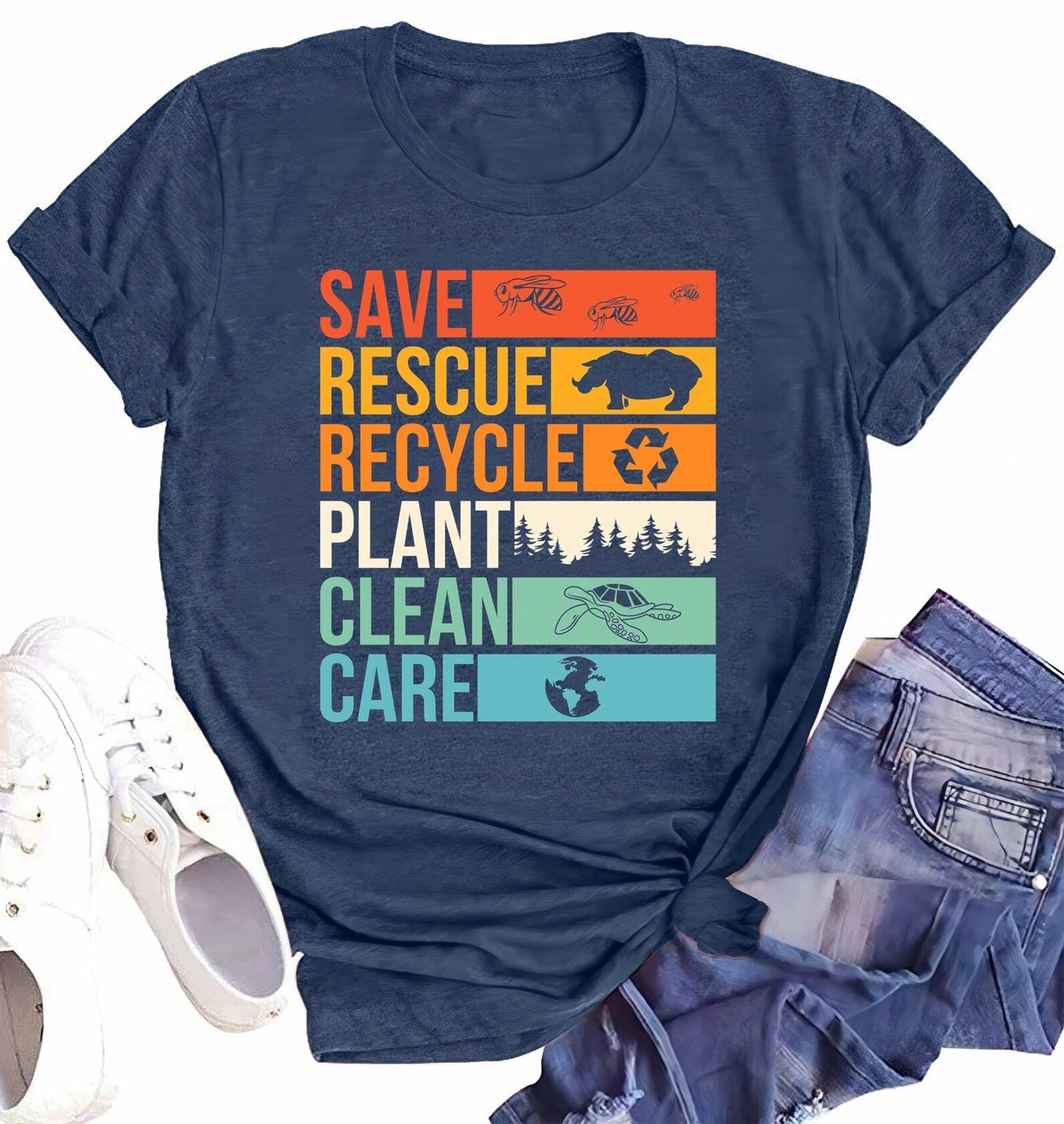 Earth Day Women's Save Planet Bee Graphic T-Shirt Dark Blue XXL