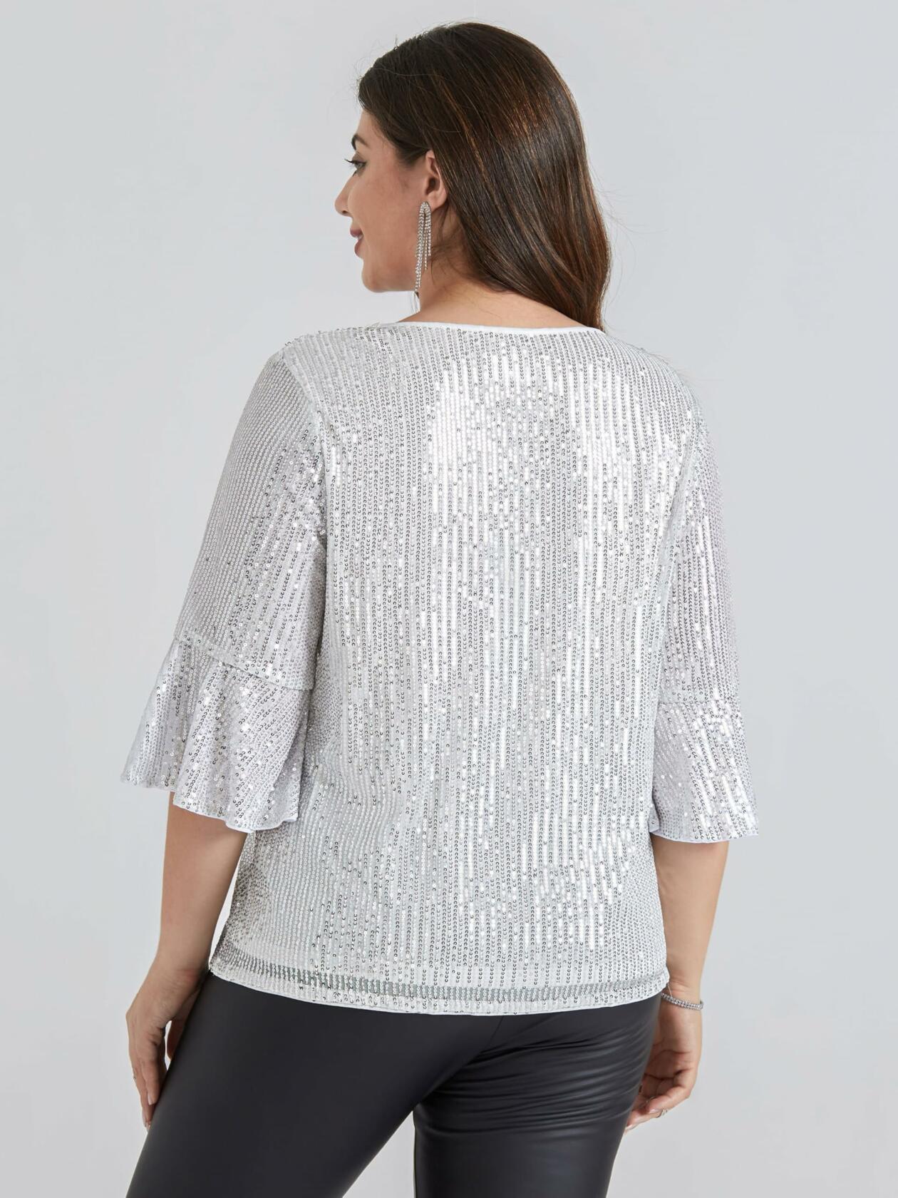Hanna Nikole Plus Size Bell Sleeve V Neck Blouse Silver White Size 16Plus
