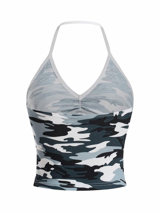 Women's Camo V Neck Sleeveless Crop Top Ruched Backless Dark Green Size M
