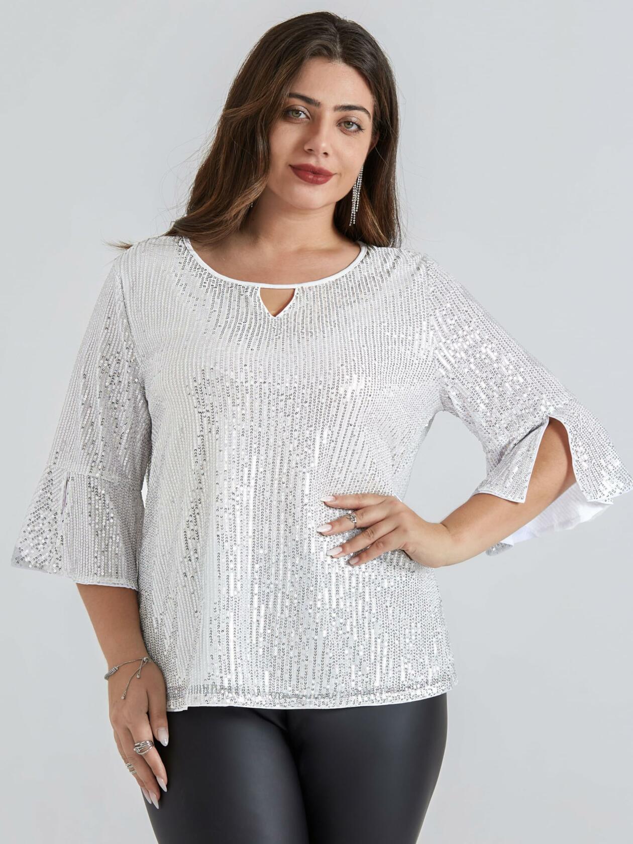 Hanna Nikole Plus Size Bell Sleeve V Neck Blouse Silver White Size 16Plus