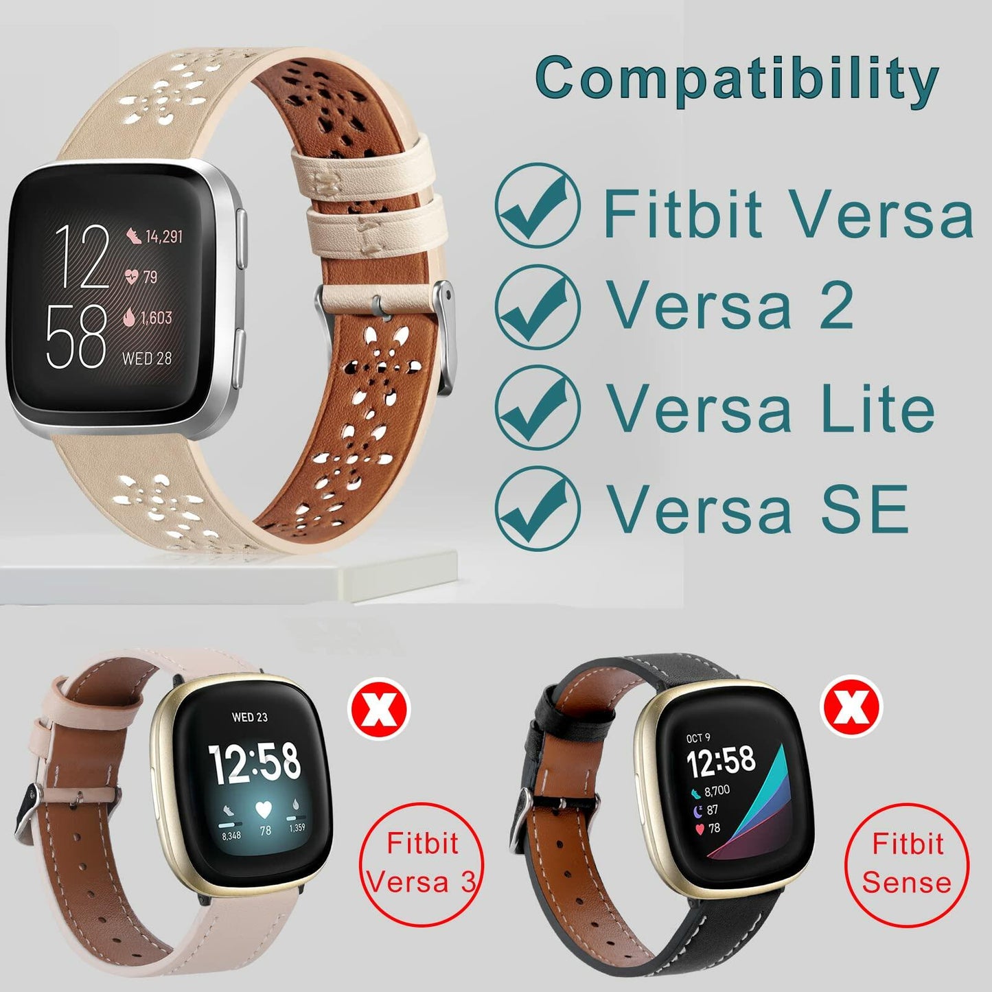 Yibcaiic Leather Bands for Fitbit Versa 2 Lite SE Floral Hollow-out Strap