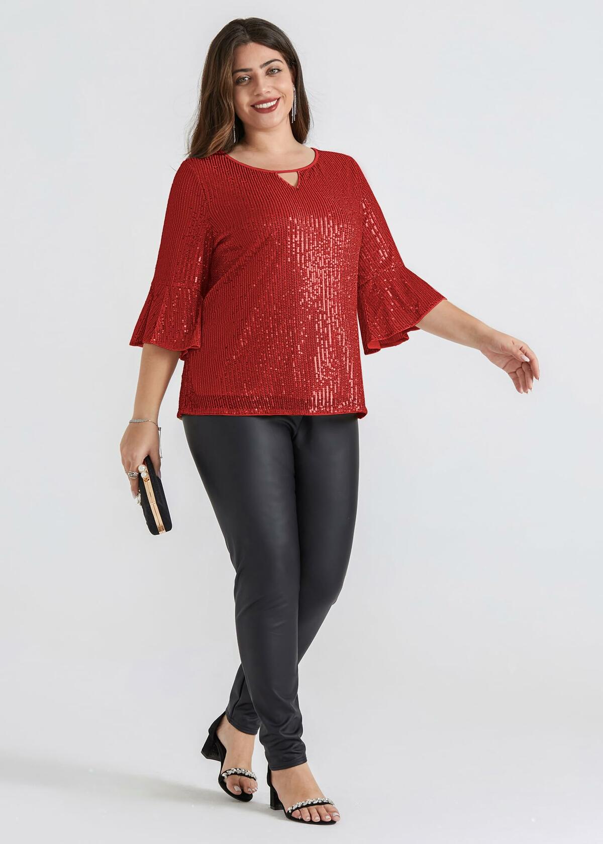 Hanna Nikole Womens Sparkle Sequin Top Cap Sleeve Red Size 20Plus