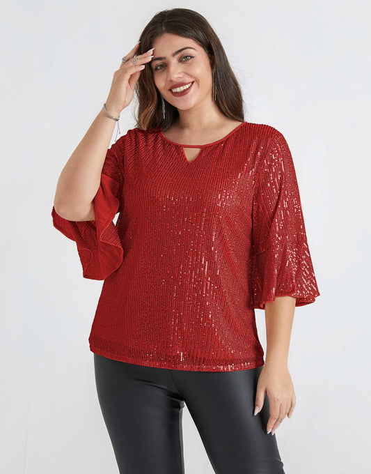 Hanna Nikole Womens Sparkle Sequin Top Cap Sleeve Red Size 20Plus