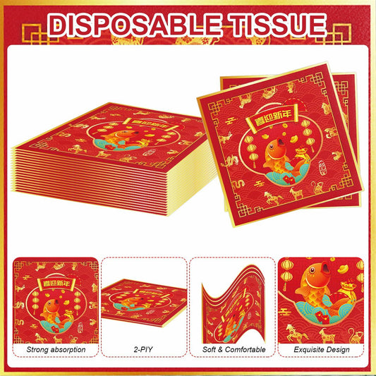 48pcs Chinese New Year 2025 Party Plates Napkins Decorations for 24 Guests