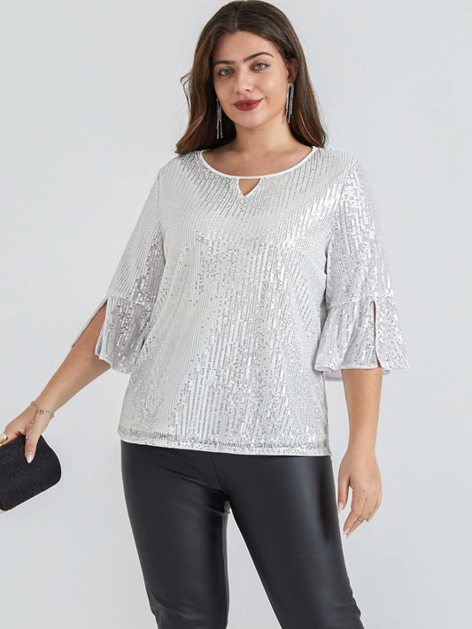 Hanna Nikole Plus Size Bell Sleeve V Neck Blouse Silver White Size 16Plus