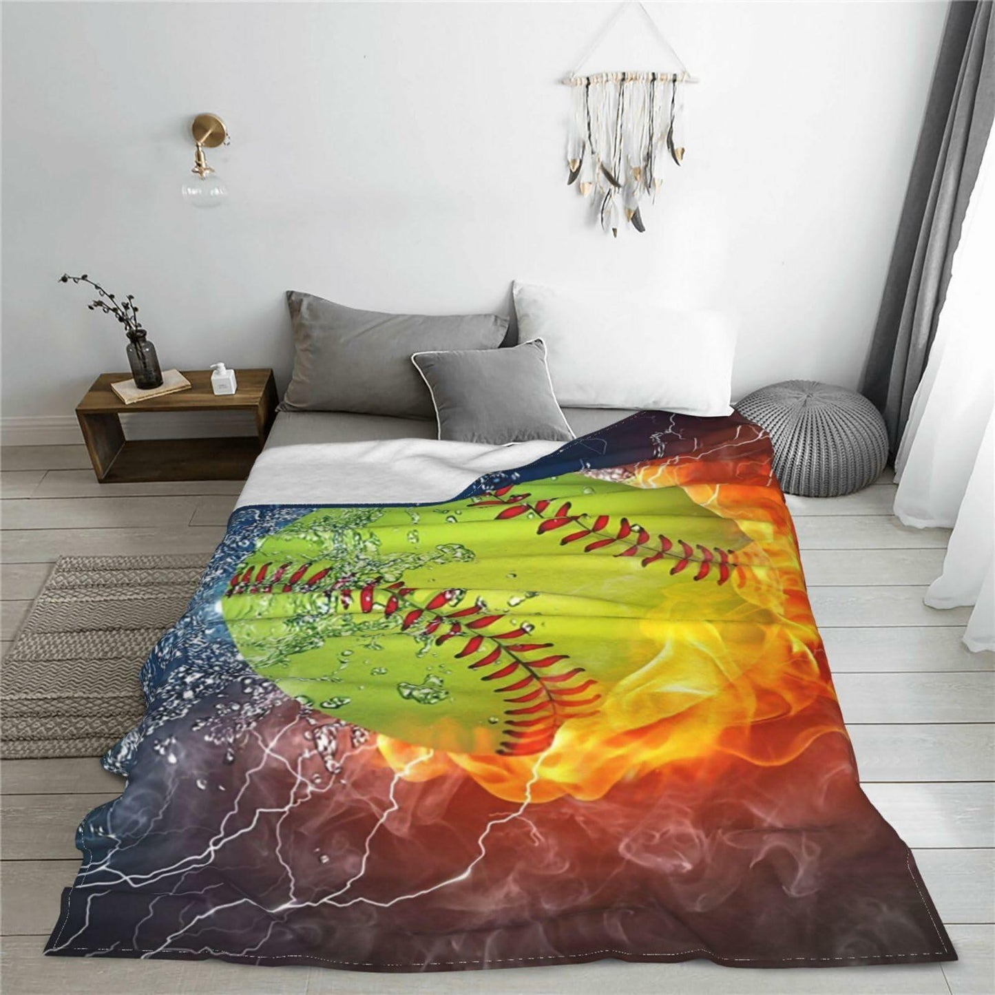 BLUBLU Fire Softball Flannel Fleece Throw Blanket Lightweight Cozy Plush 60x50
