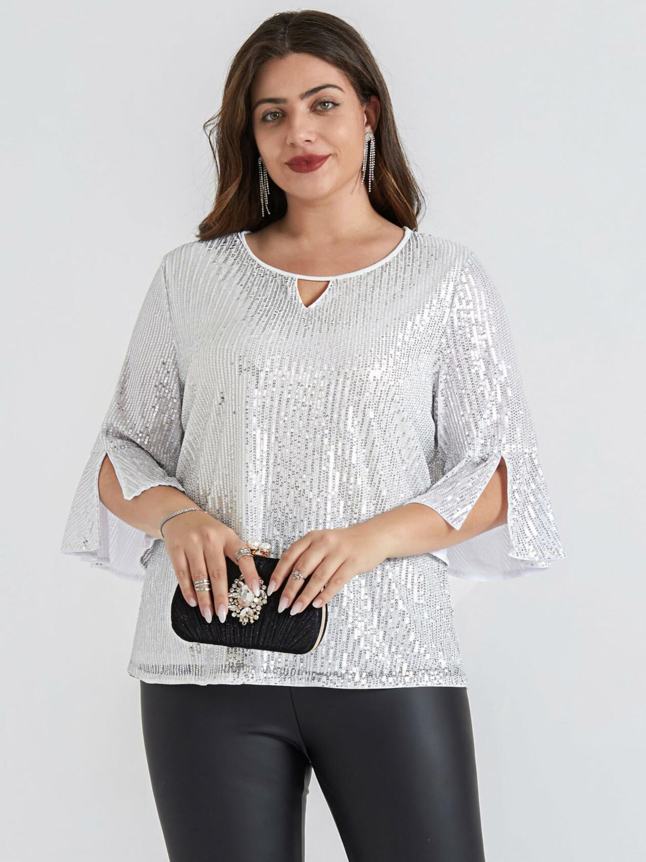Hanna Nikole Plus Size Bell Sleeve V Neck Blouse Silver White Size 16Plus