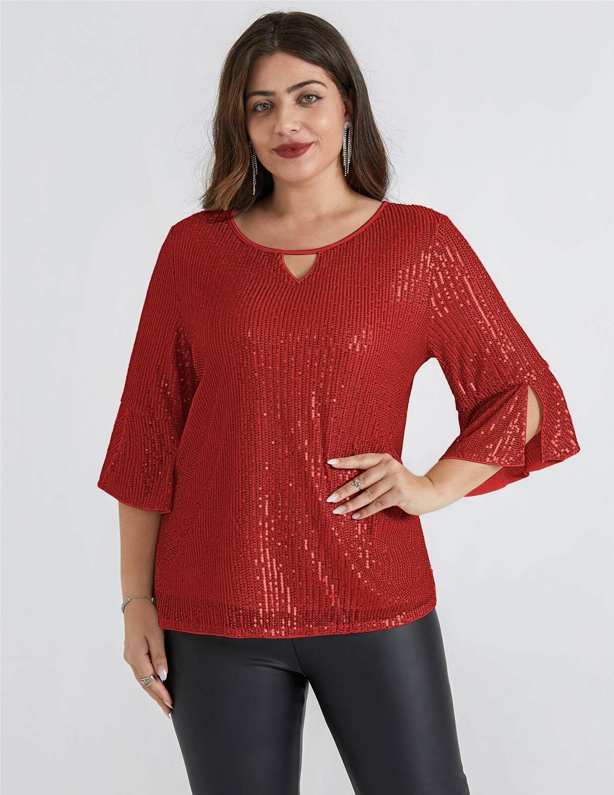 Hanna Nikole Womens Sparkle Sequin Top Cap Sleeve Red Size 20Plus