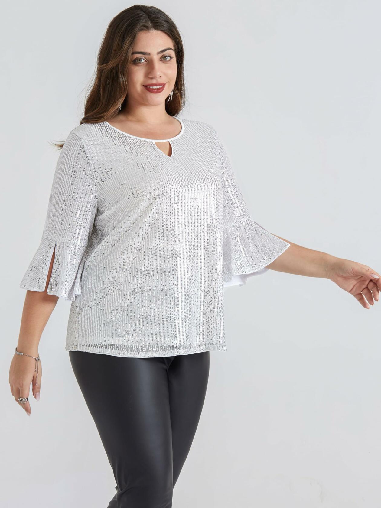 Hanna Nikole Plus Size Bell Sleeve V Neck Blouse Silver White Size 16Plus