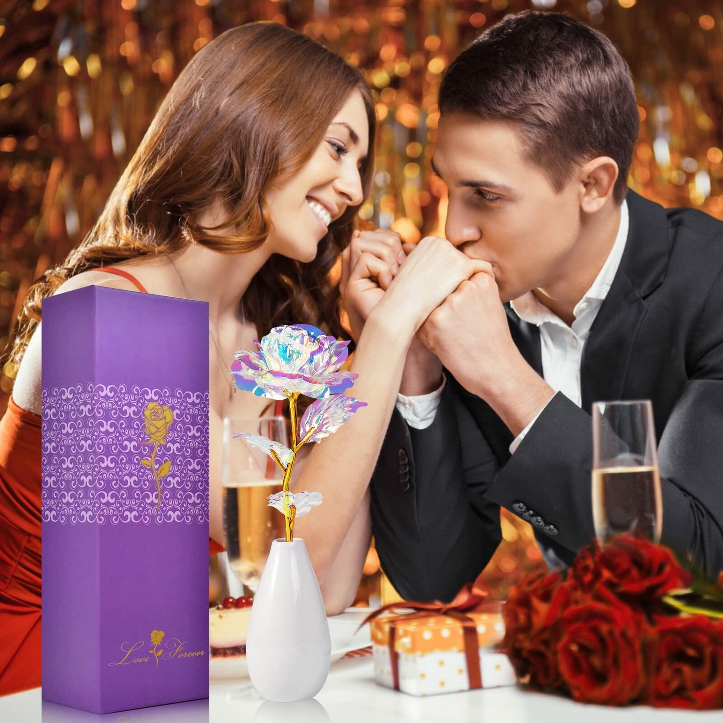 Artificial Rose Flowers with Ceramic Vase Multi-color Gift for Women