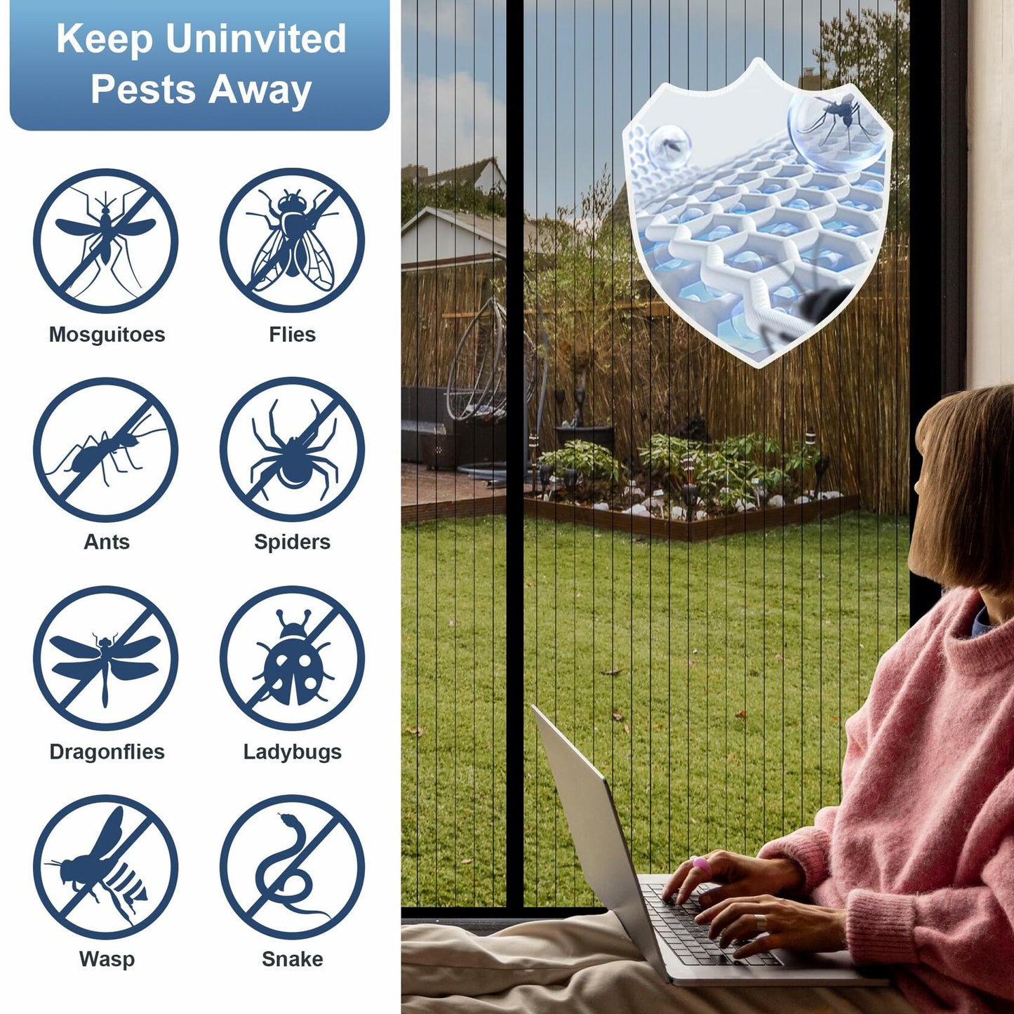 Magnetic Screen Door Mesh Black Fits Door Size 34x82, Screen 36x83 Inch